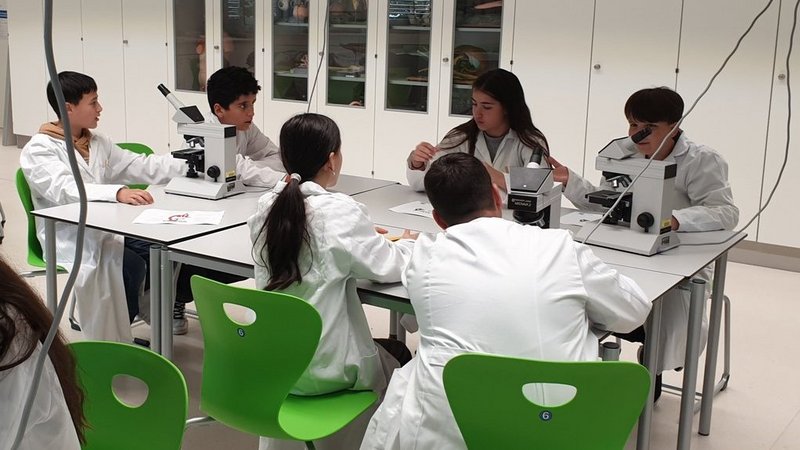 Schüler in Laborkittel sitzen um einen Tisch mit Mikroskopen