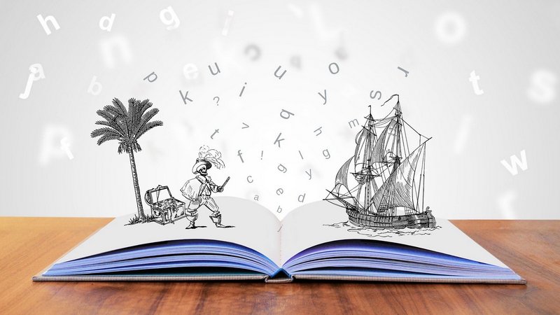 Illustration von Piraten und Schatzinsel auf einem Buch