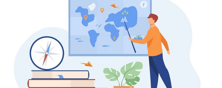 Illustration von Geografie-Lehrer vor einer Weltkarte