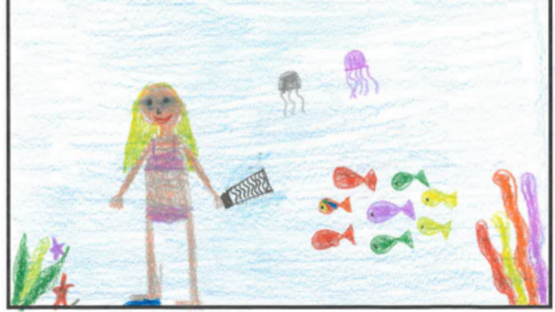Kinderzeichnung: Mädchen beobachtet Fische unter Wasser