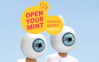 Banner für das erste MINT Festival des Science Gardens. Zwei Personen mit AUgen als Kopf