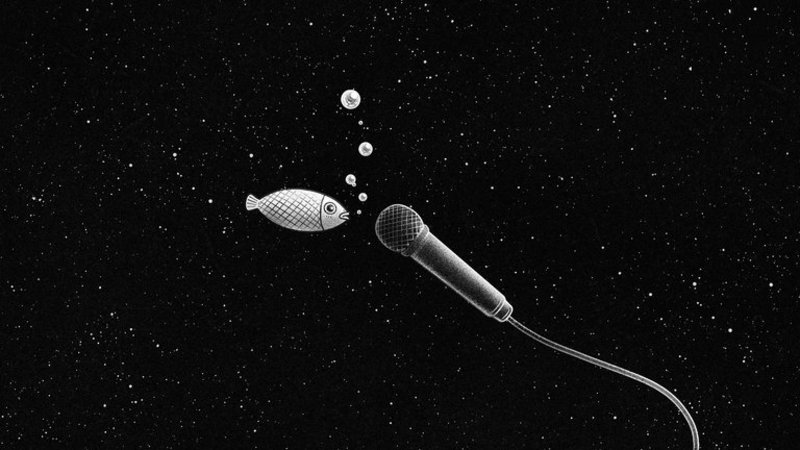 ein Fisch im Weltall spricht in ein Mikrofon